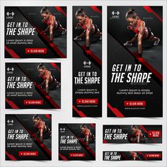 a set of four banners with the image of a woman doing push ups