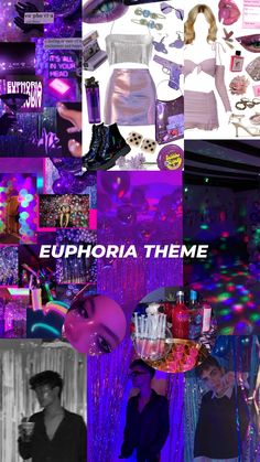 a collage of photos with the words euphoria theme in white and purple