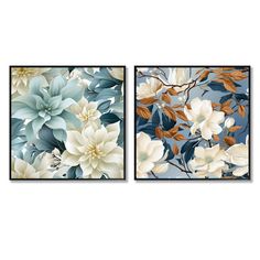 two paintings with blue and white flowers on them