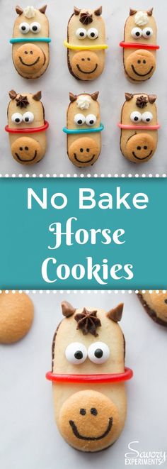 no bake horse cookies with googly eyes on top and the words, no bake horse cookies above them