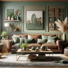 a living room filled with lots of furniture and plants on the wall next to a coffee table