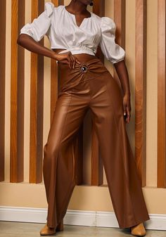 Faux Leather Wide-Leg Women's Pants | High-Waisted Draped Waist - Winter Collection Guzella Leather Wide Leg Pants, Comfortable Trousers, Winter White, Wide Leg Trousers, Winter Collection, Fashion Pants, Effortless Style, Leg Pants, Women's Pants