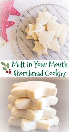 shortbread cookies on a cooling rack with the words melt in your mouth shortbread cookies