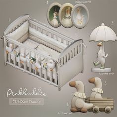 a baby crib with an umbrella and other items