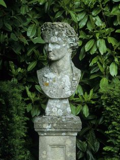 a stone busturine in front of some bushes