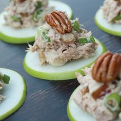 small appetizers with pecans, celery and chicken salad on them