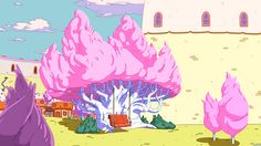 a cartoon scene with trees and buildings in the background, one pink tree has its trunk sticking out