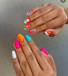 Mismatched Nail Designs, Bombpop Popsicle Nails, Orange Pink Nails Summer, Bright Fun Nails, Almond Nails Fall, Nail Inspo Fall, Fall Gel Nails, Gel Nails Diy, Cute Gel Nails