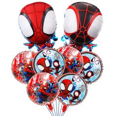 spiderman balloon bouquet with helium balloons in the shape of heads and arms, on a white background