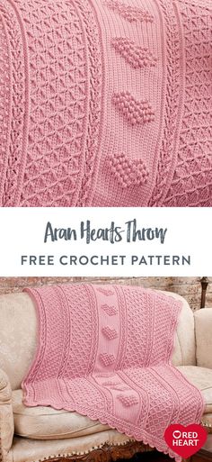 the crocheted afghan is shown with text overlay that reads, aran hearts throw