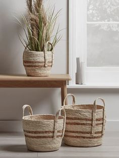 two woven baskets sitting on top of a wooden table next to a potted plant