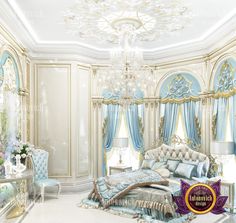 a luxurious bedroom with blue and gold decor