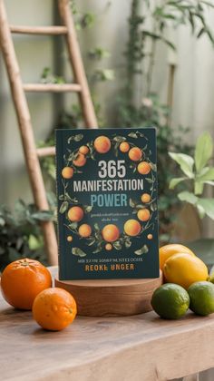 a book sitting on top of a wooden table next to oranges and lemons