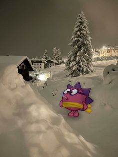 a cartoon character is standing in the snow