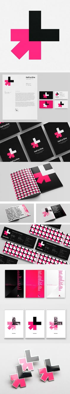 an assortment of pink and black business cards, envelopes and brochure designs