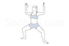 a woman is doing yoga exercises with her hands in the air and one arm up