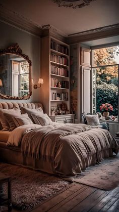 a large bed sitting in a bedroom next to a window filled with lots of books