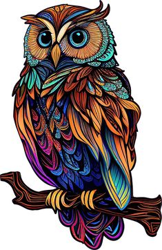 an owl sitting on top of a tree branch with lots of colorful feathers around it