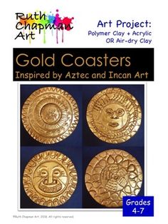 four gold coasters with the words art project on them, and an image of a lion