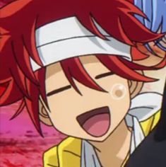 an anime character with red hair is making a funny face and has his eyes wide open