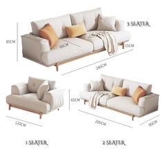 three different types of couches with measurements