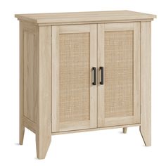 a wooden cabinet with two doors and wicker panels on the front, one door open