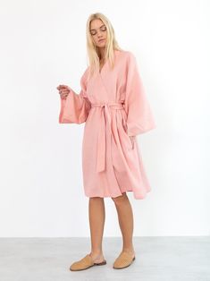 "LUNA is an oversized linen kimono robe. DETAILS - Front wrap robe - Dropped shoulders - Long sleeves - Seam pockets - 100% lightweight European linen fabric - Cut and sewn to order just for you in our studio COLOR - Pink Spanish, you can also choose other colors above - Fabric samples are available here https://www.etsy.com/listing/586569696/linen-fabric-samples SIZING & FIT - Very oversized fit - Length is approximately 41.5 inches / 105 cm - Bust is approximately 24.5 inches / 62 cm - Mea Relaxed Fit Robe For Home Use In Spring, Linen Robe For Daywear, Spring Kimono With Relaxed Fit, Spring Linen Loungewear Robe, Summer Linen Robe For Relaxation, Summer Linen Loungewear Robe, Summer Linen Robe For Loungewear, Summer Linen Relaxation Robe, Oversized Linen Robe For Loungewear