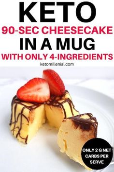 keto cheesecake in a mug with only 4 ingredients on the front and side