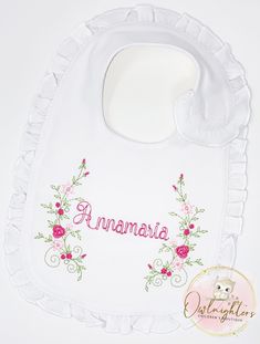 This baby bib has a knit top layer and a chenille terry cloth back ,it measures approximately 11 inches in length and 8.5 inches in width.This ruffle bib protects your sweet baby's clothes while also looking stylish and sweet! Details: *Made of 100% Combed cotton. *One size *Snap or Velcro Closure (depending on availability) *Colors: White  All items are made-to-order! Colors and fonts can be customized,please just send me a message! Name can be included if you wish! Please remember to include N Bib Embroidery, Custom Baby Gift, Personalized Bibs, Baby's Clothes, Custom Baby Gifts, Girls Bib, Custom Baby, Terry Cloth