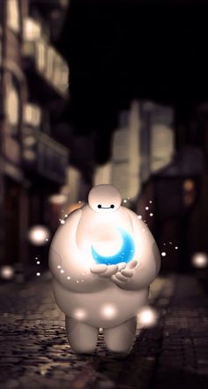 an animated character holding a blue ball in the middle of a city street at night