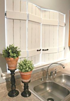 two potted plants sitting on top of a kitchen counter next to a metal sink