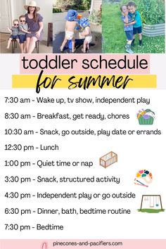 a flyer for the toddler schedule for summer, with pictures of children and adults