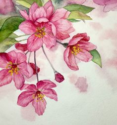 a painting of pink flowers with green leaves