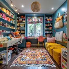 a brightly colored room with lots of shelves and colorful rugs on the hardwood floor