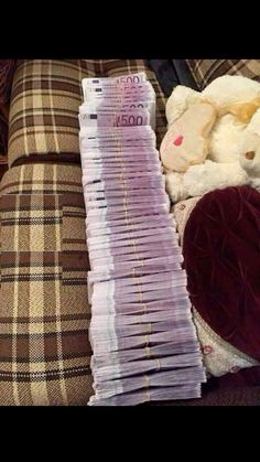 a pile of money sitting on top of a couch next to a teddy bear and stuffed animal