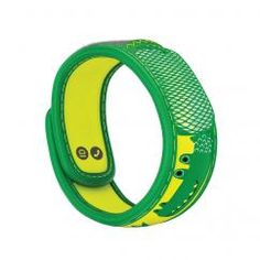 a green and yellow wristband with an alligator design on it's back side