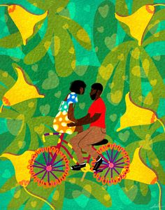 two people riding on a bicycle in the middle of flowers and leaves, with one person holding an infant