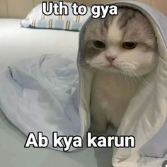 a cat is hiding under a blanket on a bed with the caption, uth to gya ab ky karun