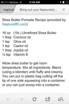 shea butter mixture naptural85 - Google Search Pomade Recipe, Hair Butter Recipe, Diy Balm, Natural Hair Recipes, Hair Recipes, Hair Moisturizer, Hair Butter, Natural Recipes, Hair Elixir