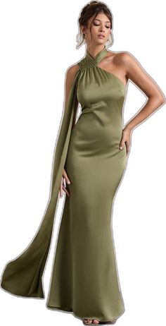 Green Floor-length Bias Cut Evening Dress, Elegant Olive Formal Dress, Elegant Olive Dress For Formal Occasions, Green Asymmetrical Evening Maxi Dress, Olive Maxi Dress For Party, Elegant Olive Evening Dress, Fitted Olive Elegant Maxi Dress, Elegant Olive Party Dress, Green Bias Cut Maxi Dress For Gala