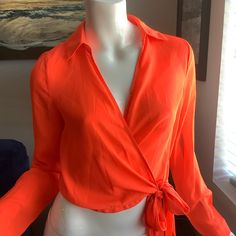 Nwt Pretty Little Thing Fluorescent Orange Long-Sleeve Wrap Blouse Size 4 100% Polyester New With Tags Orange V-neck Blouse For Party, Long Sleeve Shirt For Summer Night Out, Chic Orange Long Sleeve Blouse, Spring V-neck Party Shirt, Collared Summer Blouse For Night Out, Summer Collared Blouse For Night Out, Trendy Long Sleeve Blouse For Date Night, Summer Party Wrap Blouse, Orange Long Sleeve Blouse For Day Out