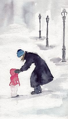 a watercolor painting of a woman and child in the snow with street lights behind them