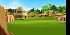 the village is surrounded by trees and houses with thatched roofs on them,