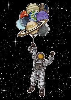 an astronaut floating in the air with planets on it's back and arms above his head