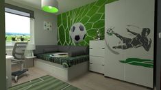 a bedroom with a soccer theme painted on the wall