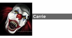 a creepy clown with his mouth open and the words'carie'in front of it