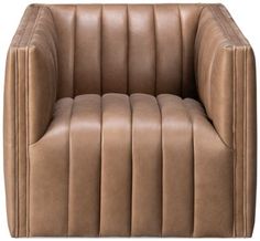 a brown leather chair sitting on top of a white floor