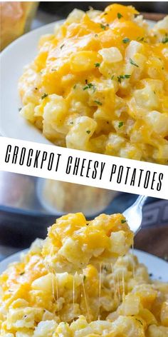 two pictures showing different types of food on white plates with spoons in them and the words crockpot cheesy potatoes