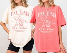 two women standing next to each other wearing matching tshirts and shorts with the words final fiesta on them