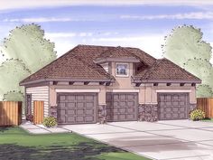 this is an artist's rendering of a two - story house with garages